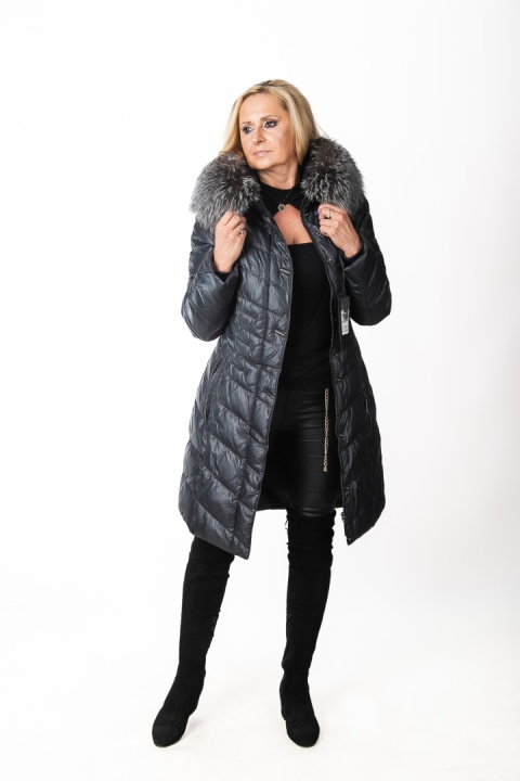 EKSKLUZYWNY EFEKTOWNY PŁASZCZ PUCHOWY JAKOŚĆ PREMIUM NATURALNY SREBRNY LIS