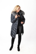 EKSKLUZYWNY EFEKTOWNY PŁASZCZ PUCHOWY JAKOŚĆ PREMIUM NATURALNY SREBRNY LIS
