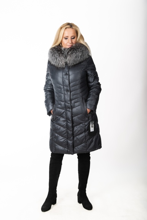 EKSKLUZYWNY EFEKTOWNY PŁASZCZ PUCHOWY JAKOŚĆ PREMIUM NATURALNY SREBRNY LIS