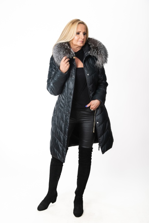 EKSKLUZYWNY EFEKTOWNY PŁASZCZ PUCHOWY JAKOŚĆ PREMIUM NATURALNY SREBRNY LIS