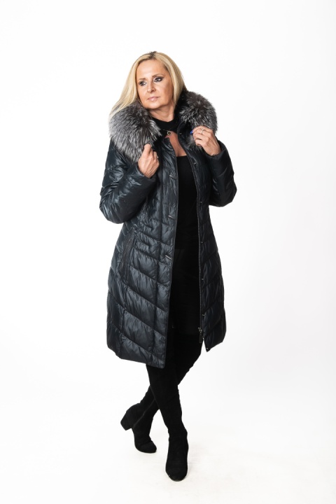 EKSKLUZYWNY EFEKTOWNY PŁASZCZ PUCHOWY JAKOŚĆ PREMIUM NATURALNY SREBRNY LIS