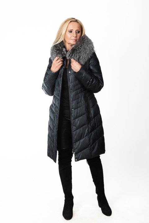 EKSKLUZYWNY EFEKTOWNY PŁASZCZ PUCHOWY JAKOŚĆ PREMIUM NATURALNY SREBRNY LIS