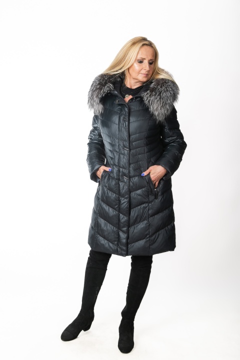 EKSKLUZYWNY EFEKTOWNY PŁASZCZ PUCHOWY JAKOŚĆ PREMIUM NATURALNY SREBRNY LIS