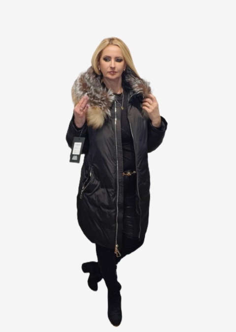 ELEGANCKI PŁASZCZ KURTKA ZIMOWA PIĘKNY NATURALNY DWUKOLOROWY SREBRNY LIS PLUS SIZE (DUŻE ROZMIARY)